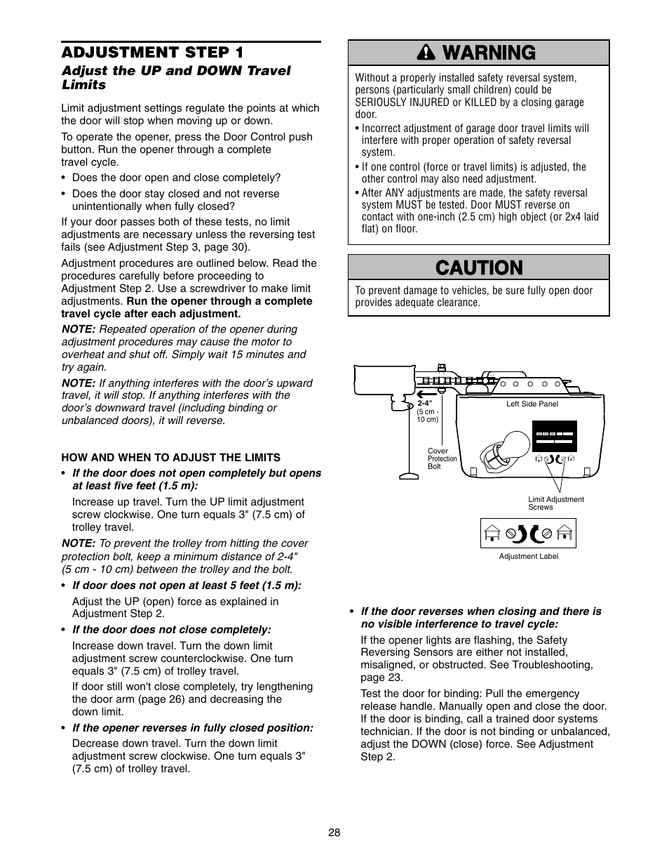 Adjustment, Adjust the up and down travel limit, Warning caution warning warning | Adjustment step 1 | Craftsman 139.5399 User Manual | Page 28 / 76