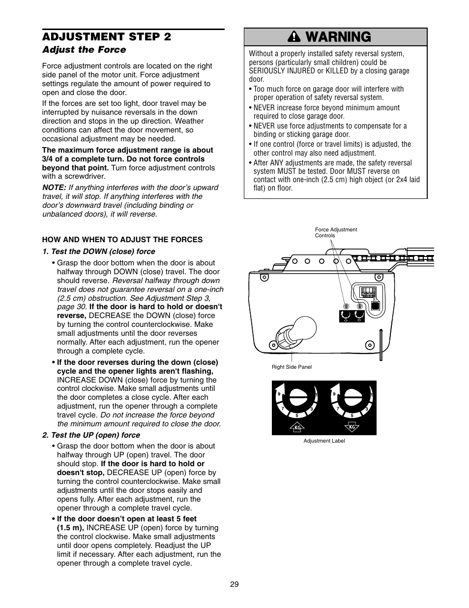 Adjust the force, Warning caution warning warning, Adjustment step 2 | Craftsman 139.5399 User Manual | Page 29 / 76