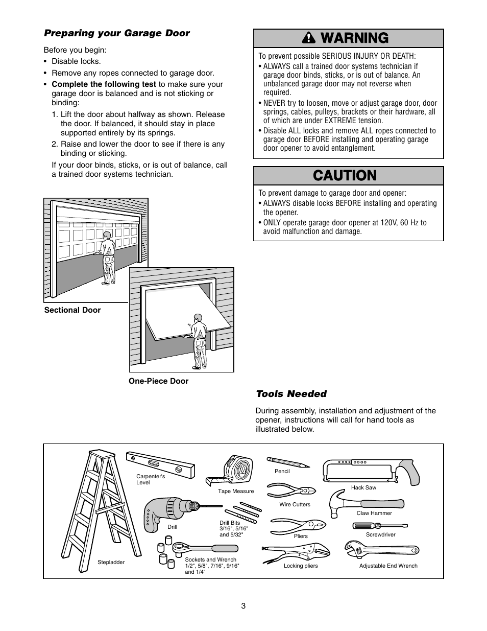 Preparing your garage door, Tools needed | Craftsman 139.5399 User Manual | Page 3 / 76