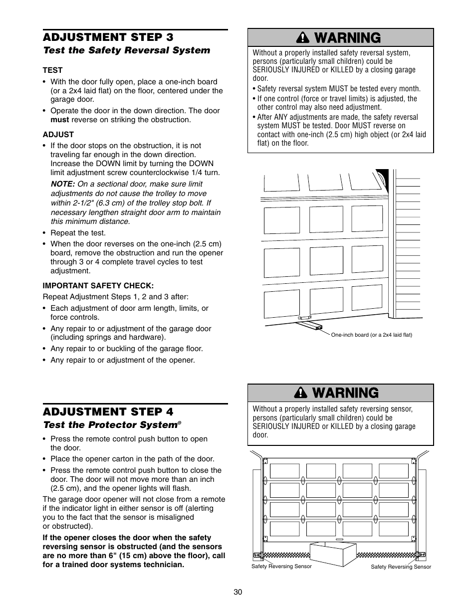 Test the safety reversal system, Test the safety reversing sensor, Adjustment step 3 | Adjustment step 4 | Craftsman 139.5399 User Manual | Page 30 / 76