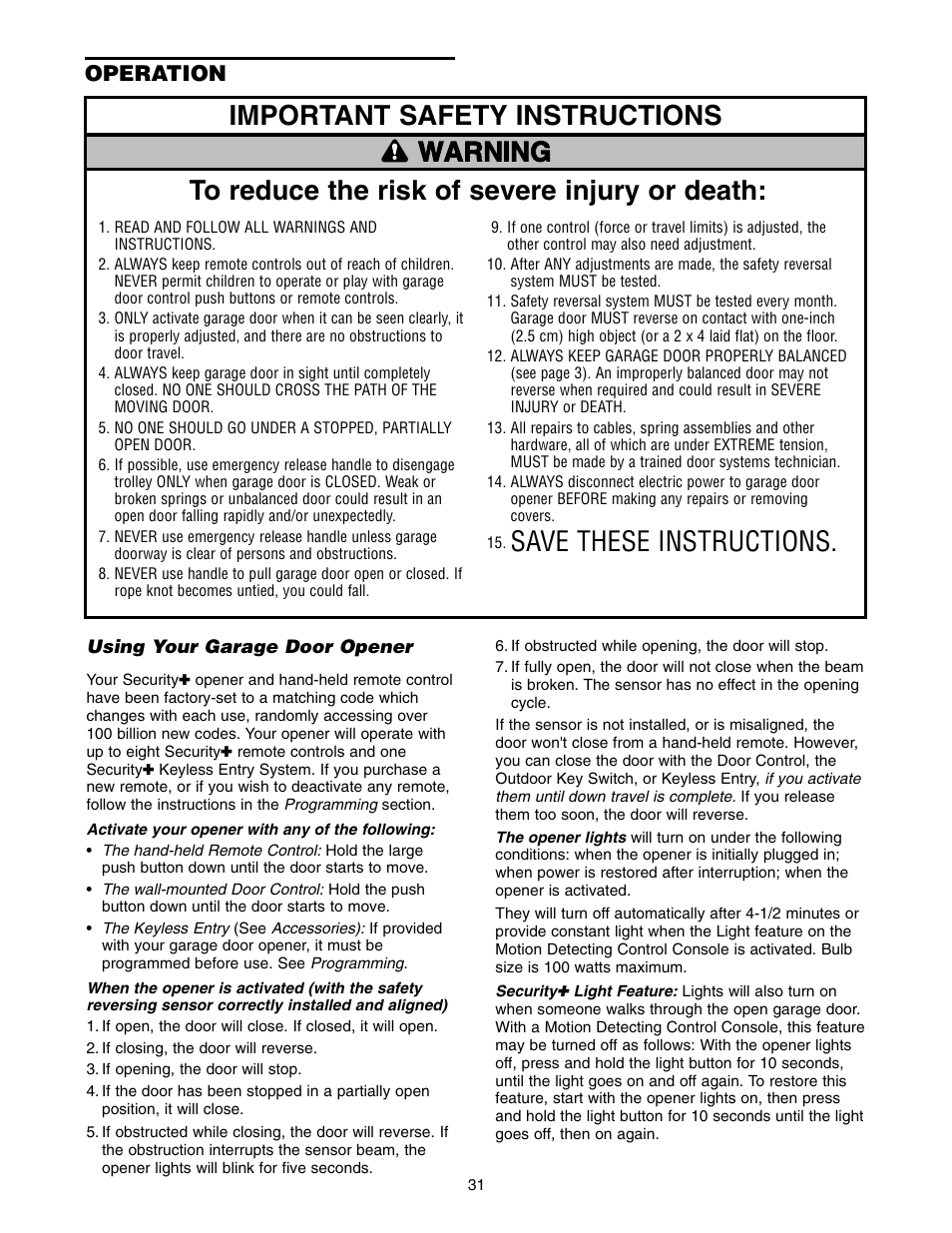 Operation, Using your garage door opener, Save these instructions | Craftsman 139.5399 User Manual | Page 31 / 76