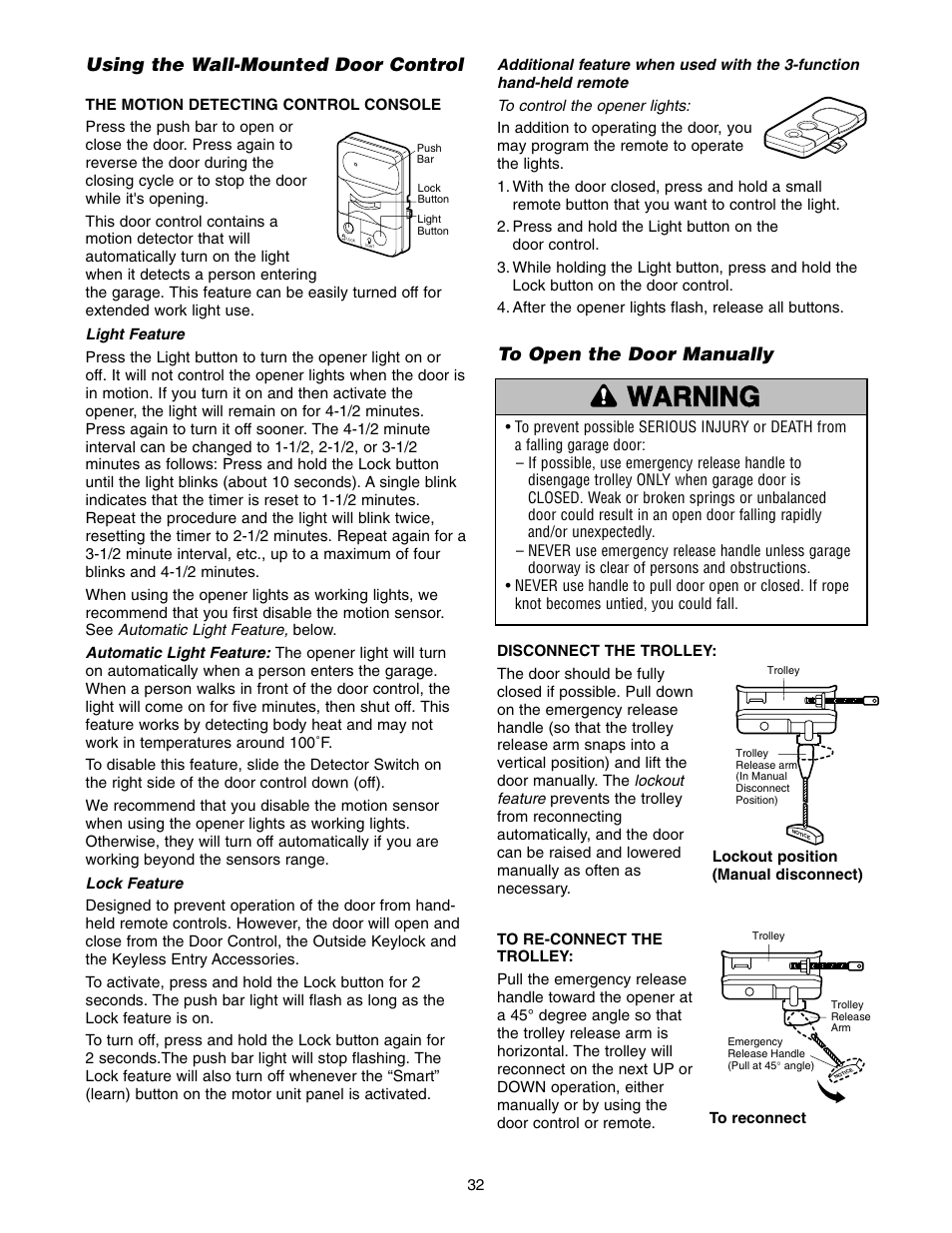 Using the wall-mounted door control, To open the door manually, Warning caution warning warning | Craftsman 139.5399 User Manual | Page 32 / 76