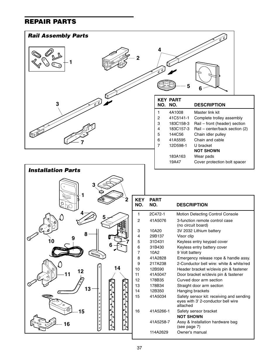 Repair parts, Rail assembly parts, Installation parts | Craftsman 139.5399 User Manual | Page 37 / 76