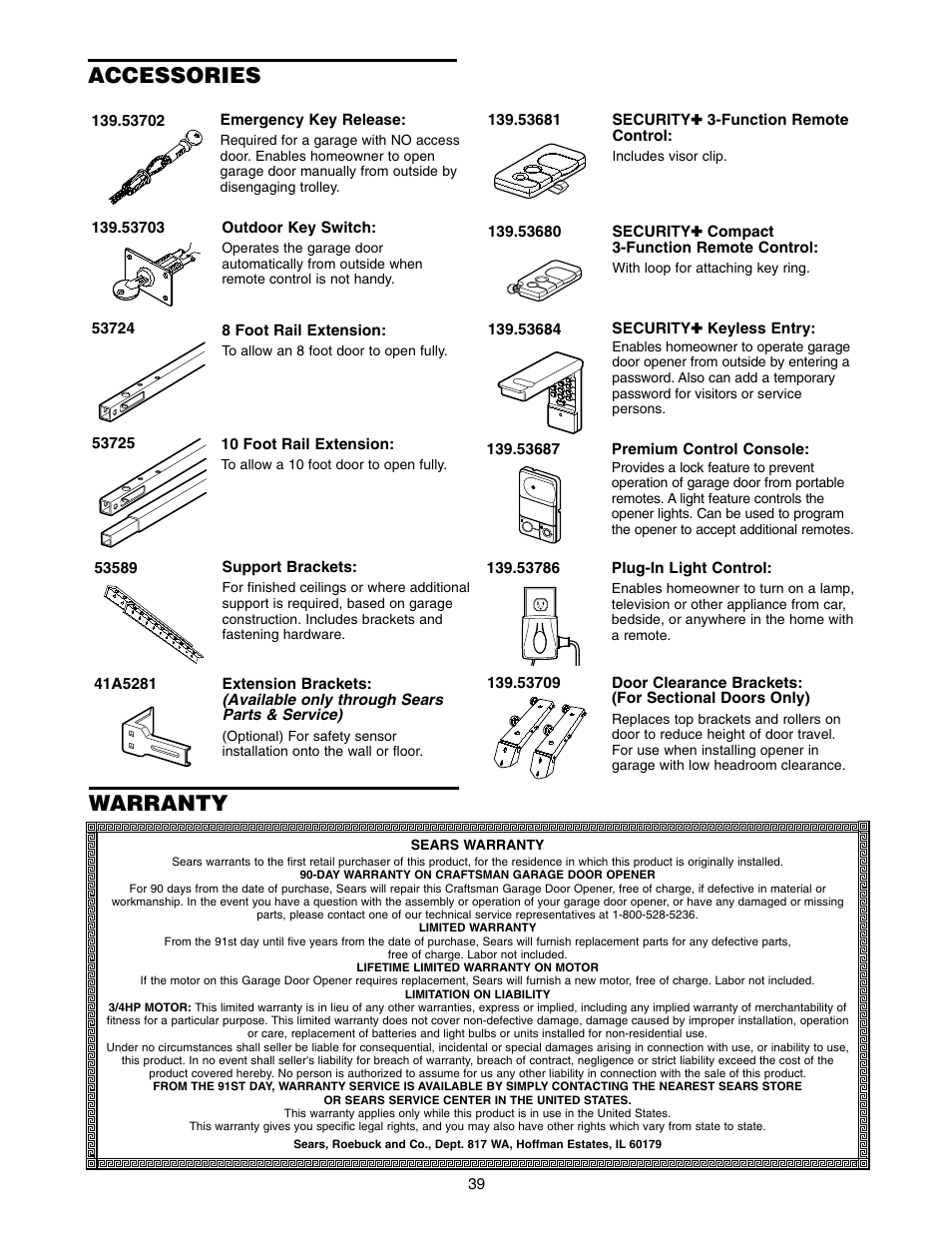 Accessories, Warranty | Craftsman 139.5399 User Manual | Page 39 / 76