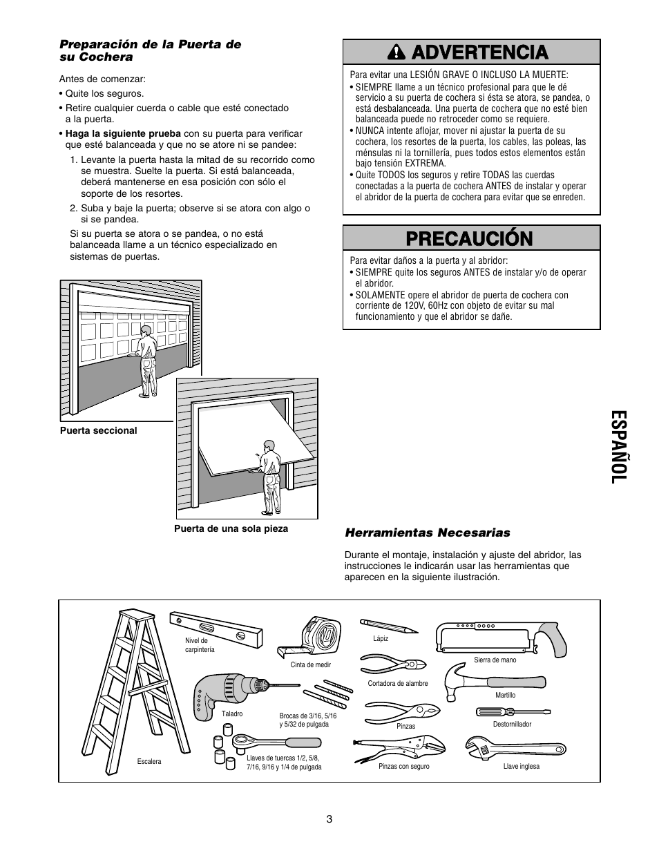 Herramientas necesarias, Esp añol | Craftsman 139.5399 User Manual | Page 41 / 76