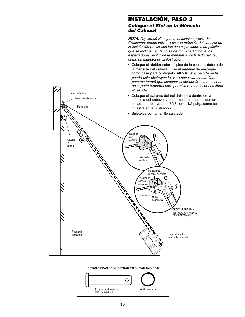 Instalación, paso 3, Coloque el riel en la ménsula del cabezal | Craftsman 139.5399 User Manual | Page 53 / 76