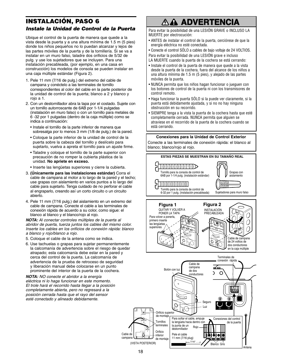 Instalación, paso 6, Instale la unidad de control de la puerta, Figura 1 figura 2 | Craftsman 139.5399 User Manual | Page 56 / 76