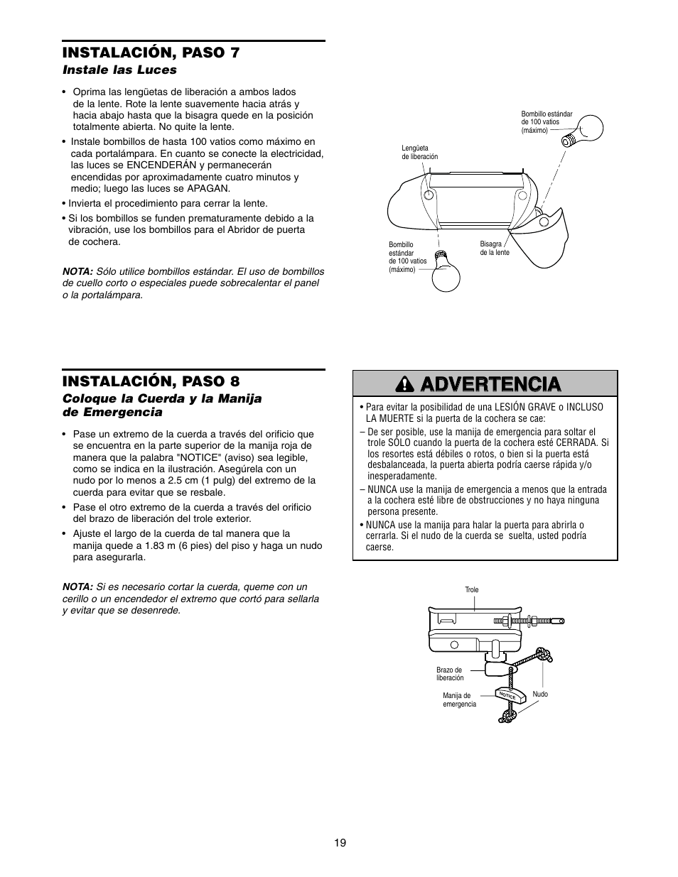 Instalación, paso 7 instale las luces, Instalación, paso 7, Instalación, paso 8 | Craftsman 139.5399 User Manual | Page 57 / 76