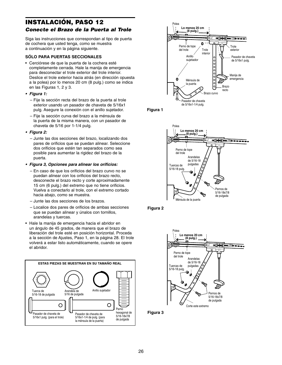 Instalación, paso 12, Conecte el brazo de la puerta al trole | Craftsman 139.5399 User Manual | Page 64 / 76