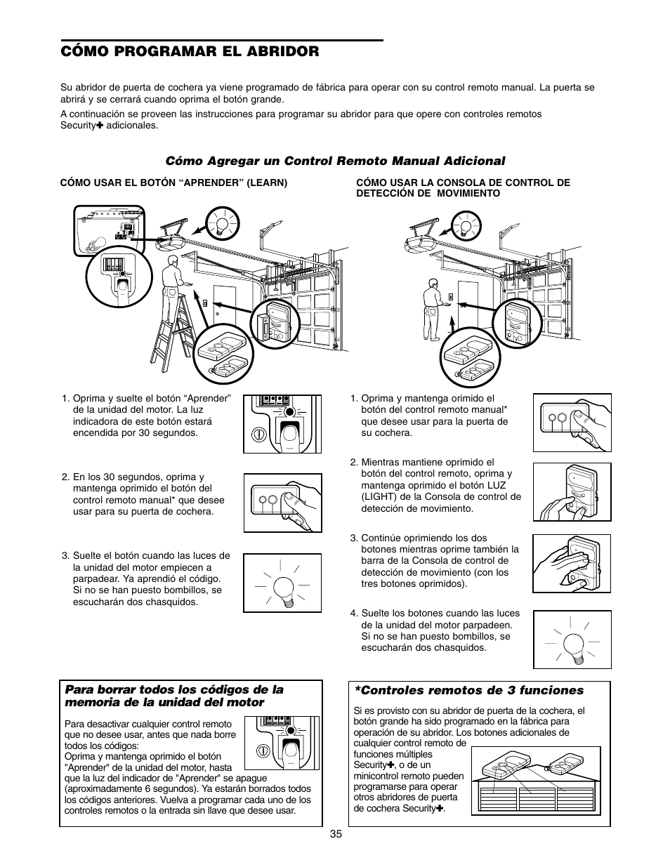 Cómo programar el abridor, Controles remotos de 3 funciones, Cómo agregar un control remoto manual adicional | Craftsman 139.5399 User Manual | Page 73 / 76