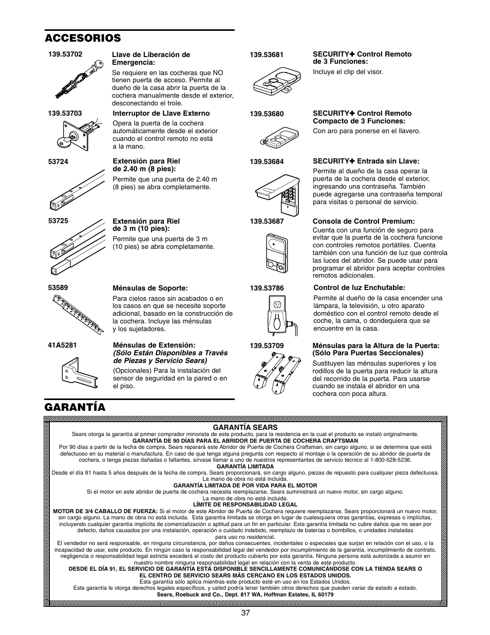 Accesorios, Garantía | Craftsman 139.5399 User Manual | Page 75 / 76