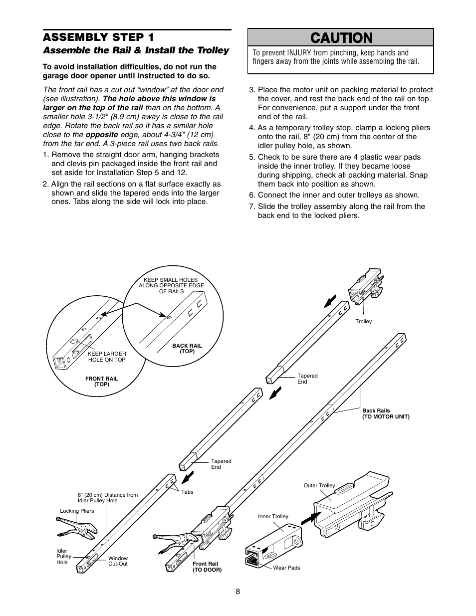 Assembly, Assemble the rail & install the trolley, Warning caution warning warning | Assembly step 1 | Craftsman 139.5399 User Manual | Page 8 / 76