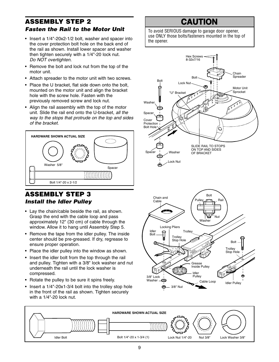 Fasten the rail to the motor unit, Install the idler pulley, Warning caution warning warning | Assembly step 2, Assembly step 3 | Craftsman 139.5399 User Manual | Page 9 / 76