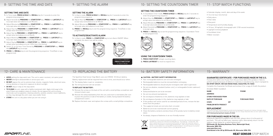 Replacing the battery 12- care & maintenance, Battery safety information, Warranty | Setting the time and date, Stop watch functions, Setting the alarm 10- setting the countdown timer, Heat sensor stop watch | Sportline 490 Heat Sensor Timer User Manual | Page 2 / 2