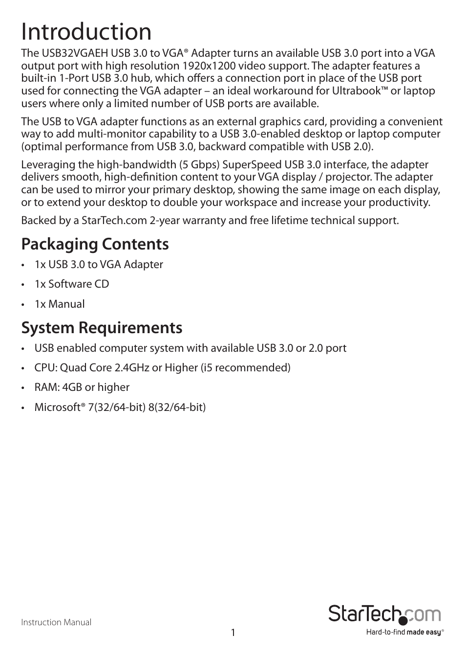 Introduction, Packaging contents, System requirements | StarTech.com USB32VGAEH User Manual | Page 4 / 13