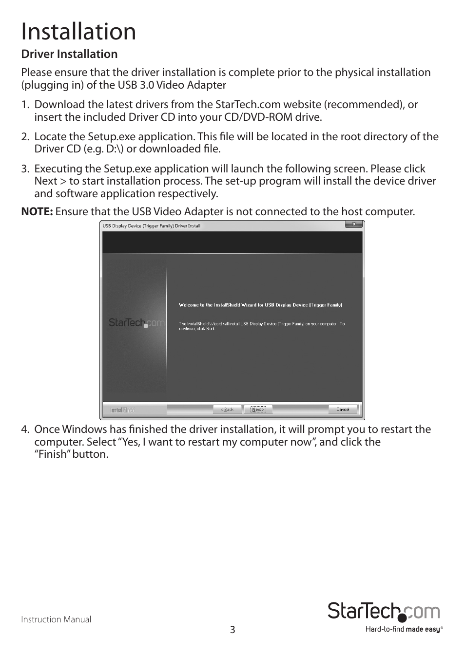 Installation | StarTech.com USB32VGAEH User Manual | Page 6 / 13