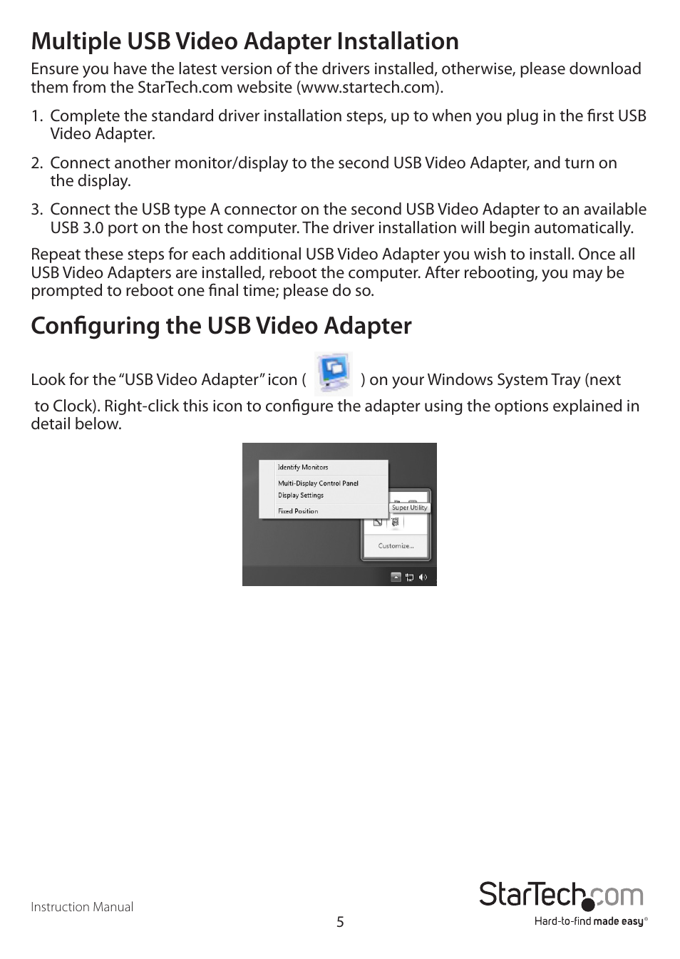 Multiple usb video adapter installation, Configuring the usb video adapter | StarTech.com USB32VGAEH User Manual | Page 8 / 13