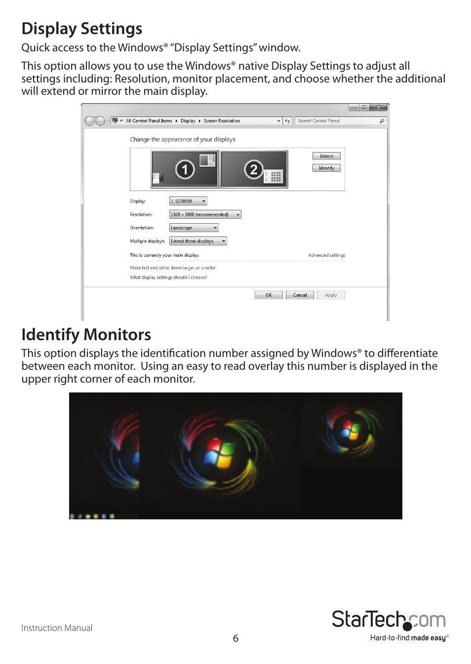 Display settings, Identify monitors | StarTech.com USB32VGAEH User Manual | Page 9 / 13