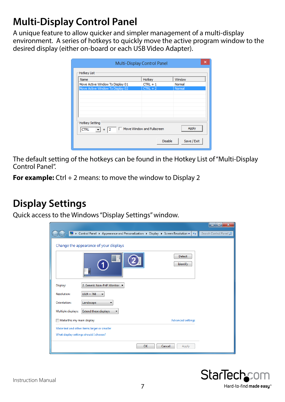 Multi-display control panel, Display settings, Multi-display control panel display settings | StarTech.com USB32VGAES User Manual | Page 10 / 13