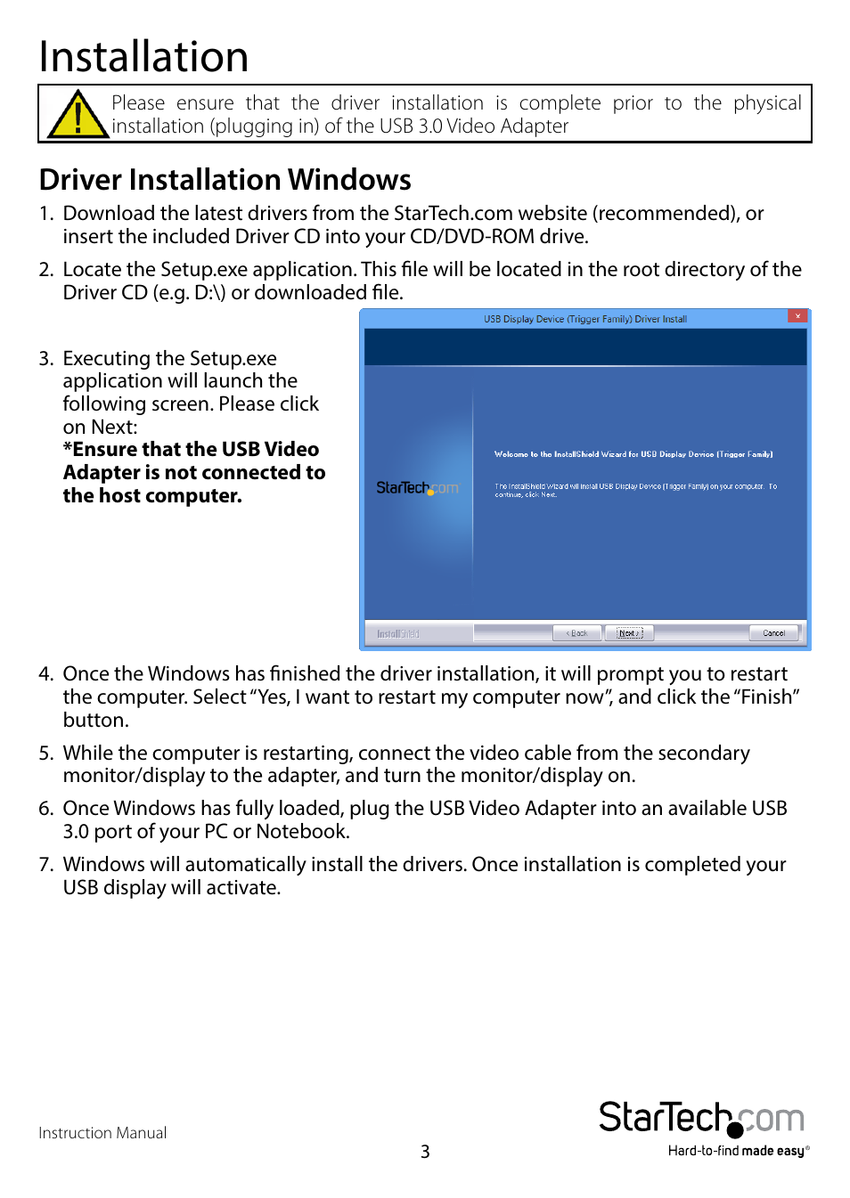Installation, Driver installation windows | StarTech.com USB32VGAES User Manual | Page 6 / 13