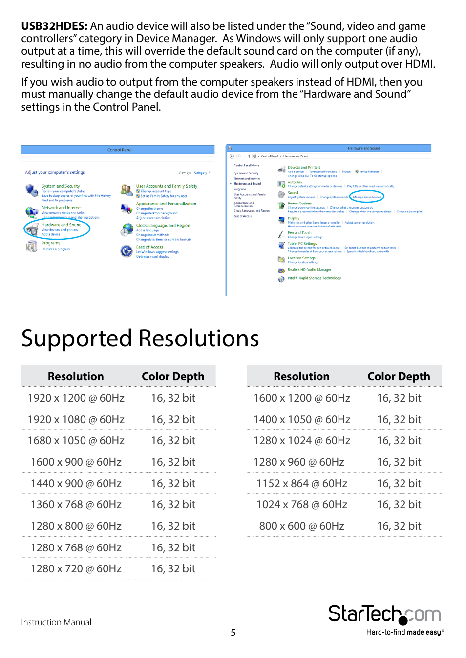 Supported resolutions | StarTech.com USB32VGAES User Manual | Page 8 / 13