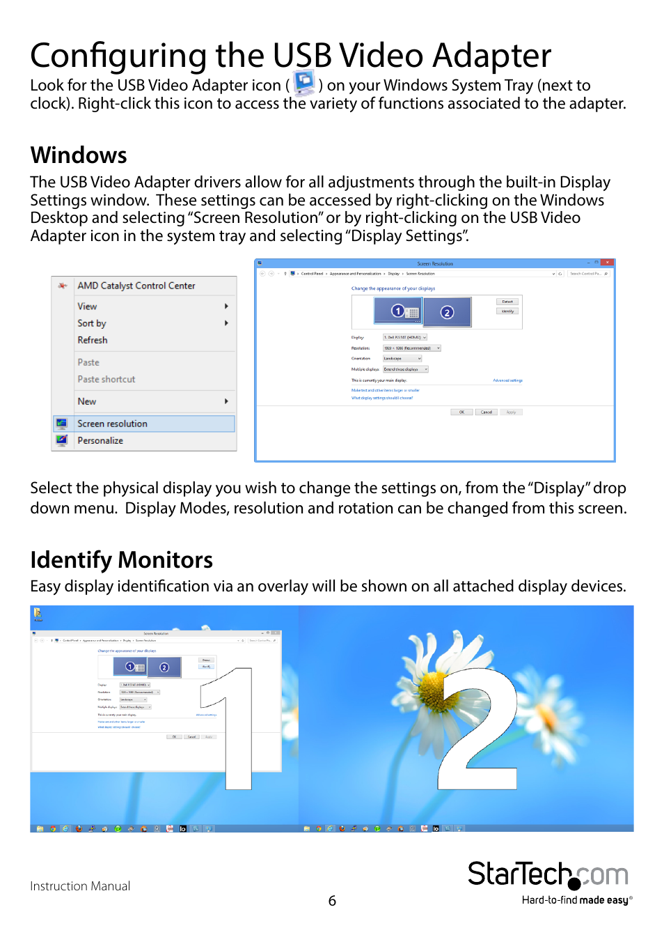 Configuring the usb video adapter, Windows, Identify monitors | Windows identify monitors | StarTech.com USB32VGAES User Manual | Page 9 / 13