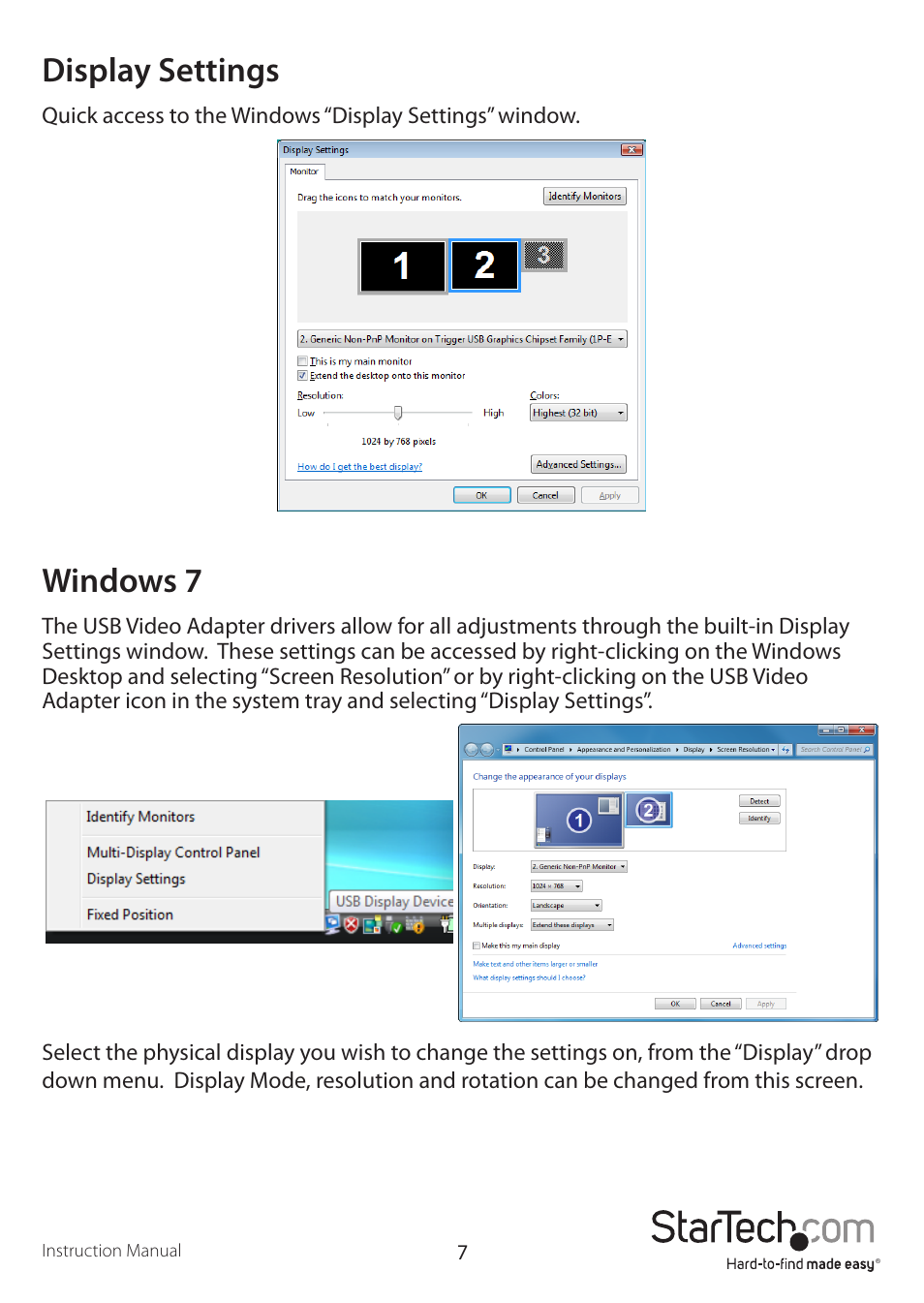 Display settings, Windows 7 | StarTech.com USB2VGAE3 User Manual | Page 10 / 14