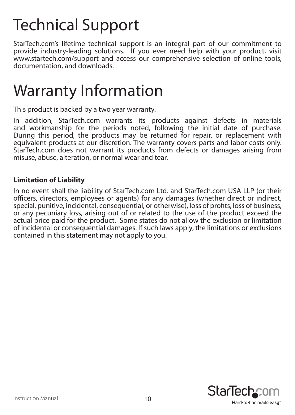 Technical support, Warranty information | StarTech.com USB2VGAE3 User Manual | Page 13 / 14