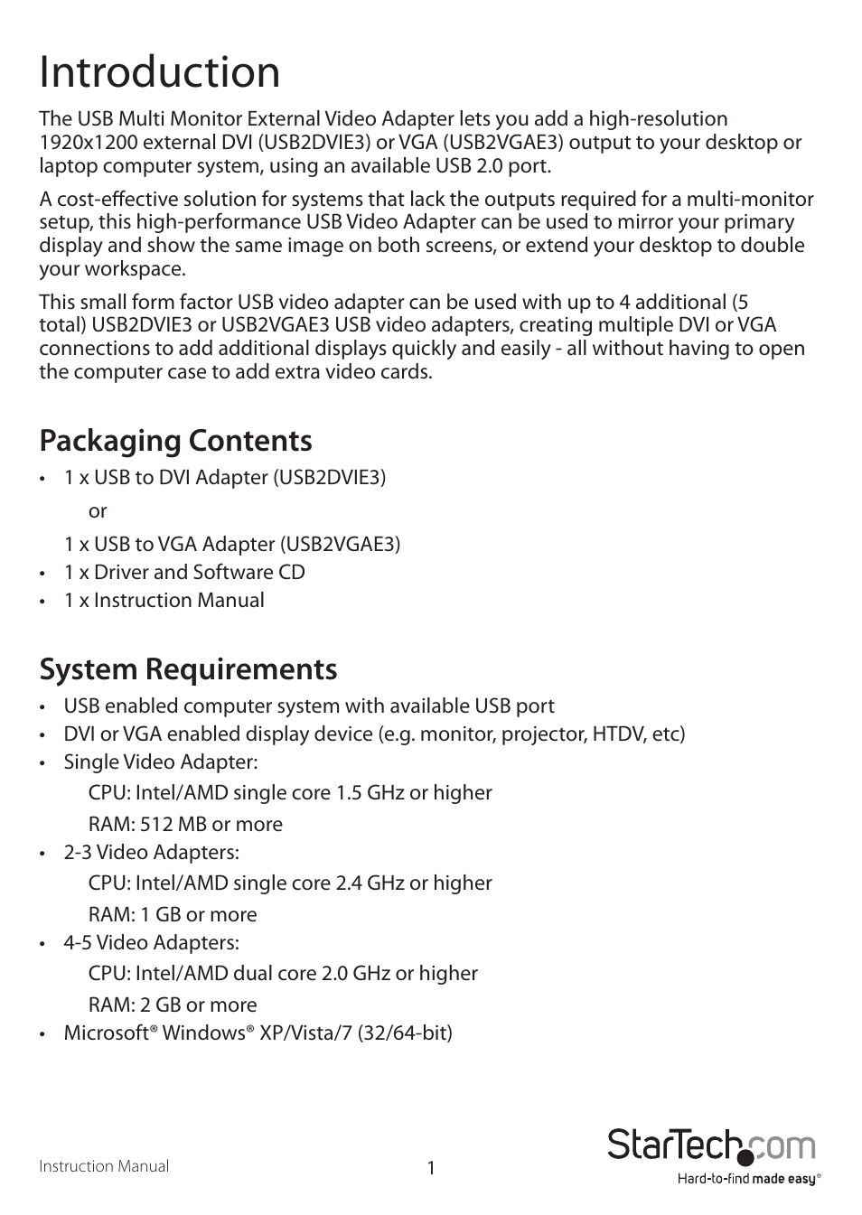 Introduction, Packaging contents, System requirements | StarTech.com USB2VGAE3 User Manual | Page 4 / 14