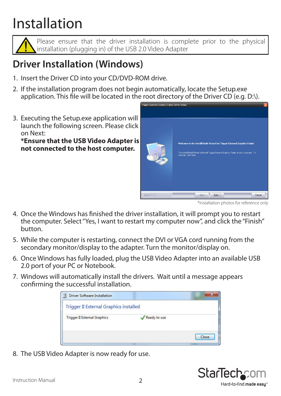 Installation, Driver installation (windows) | StarTech.com USB2VGAE3 User Manual | Page 5 / 14