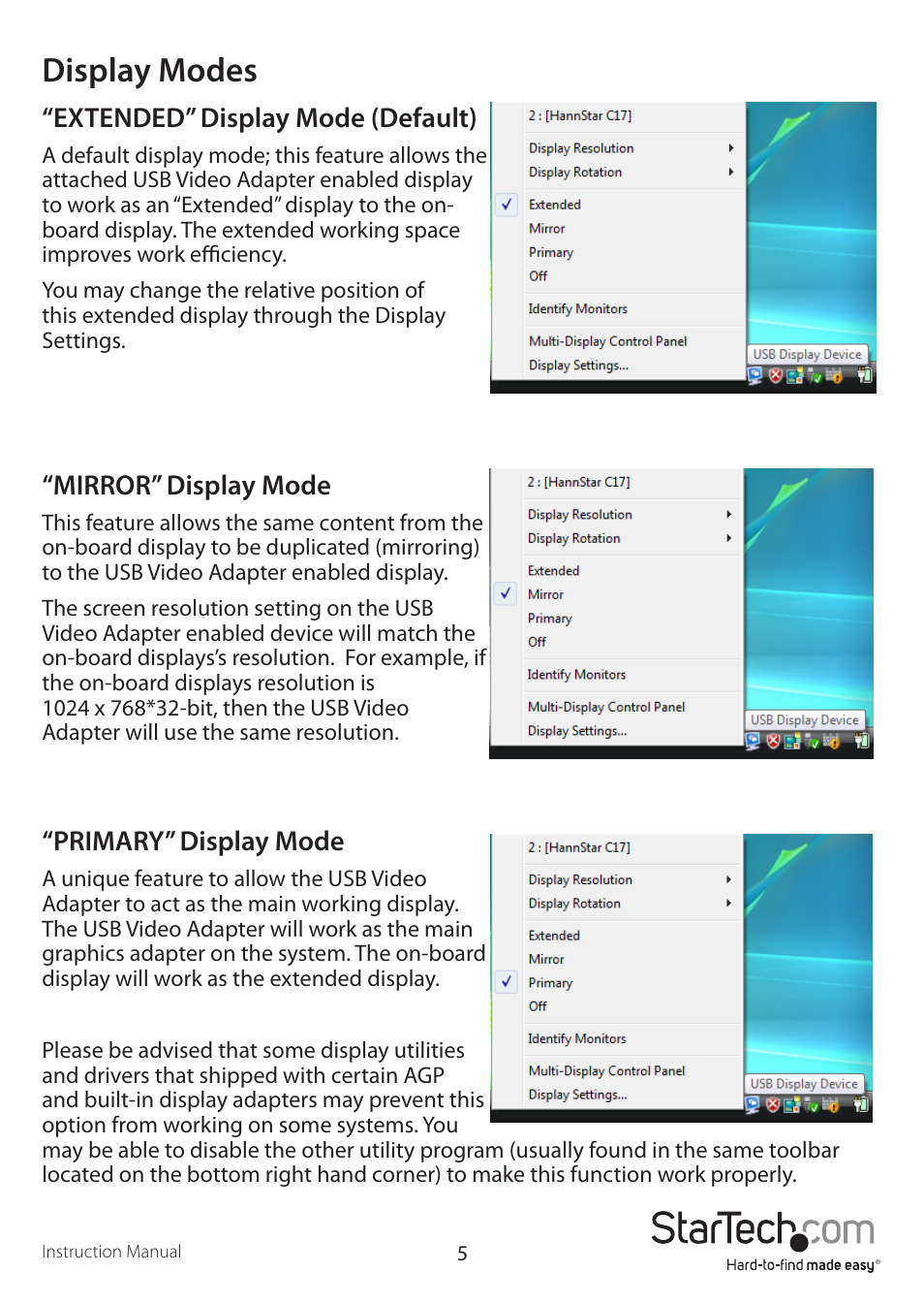 Display modes, Extended” display mode (default), Mirror” display mode | Primary” display mode | StarTech.com USB2VGAE3 User Manual | Page 8 / 14
