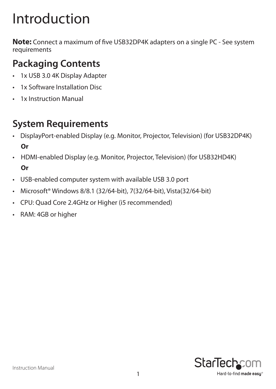 Introduction, Packaging contents, System requirements | StarTech.com USB32HD4K User Manual | Page 4 / 12