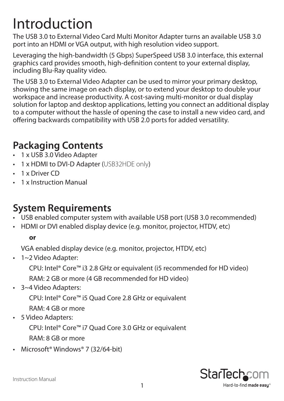 Introduction, Packaging contents, System requirements | StarTech.com USB32VGAE User Manual | Page 4 / 12