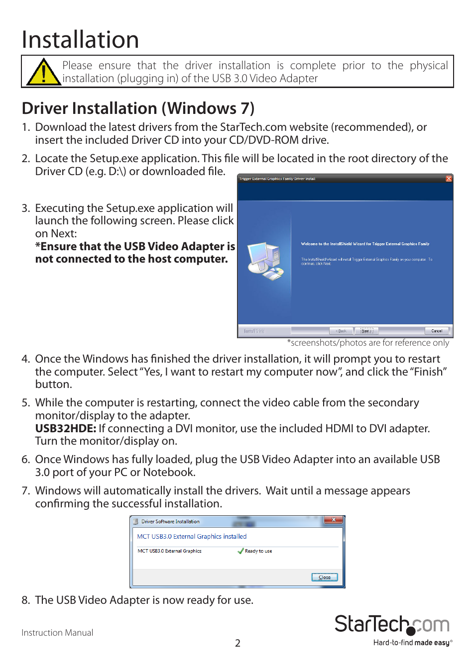 Installation, Driver installation (windows 7) | StarTech.com USB32VGAE User Manual | Page 5 / 12