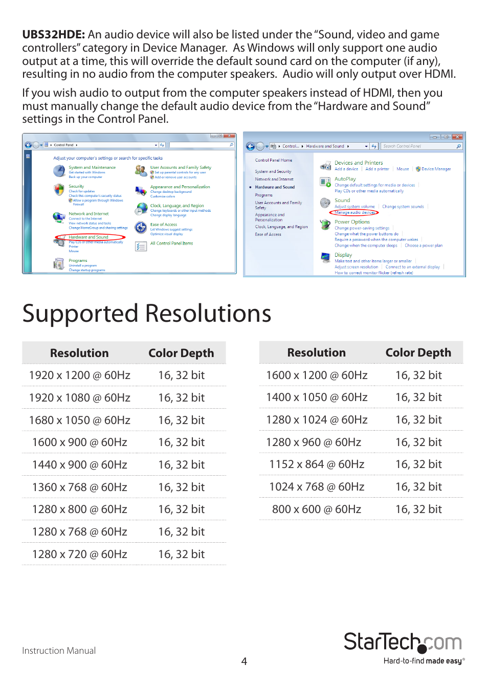 Supported resolutions | StarTech.com USB32VGAE User Manual | Page 7 / 12