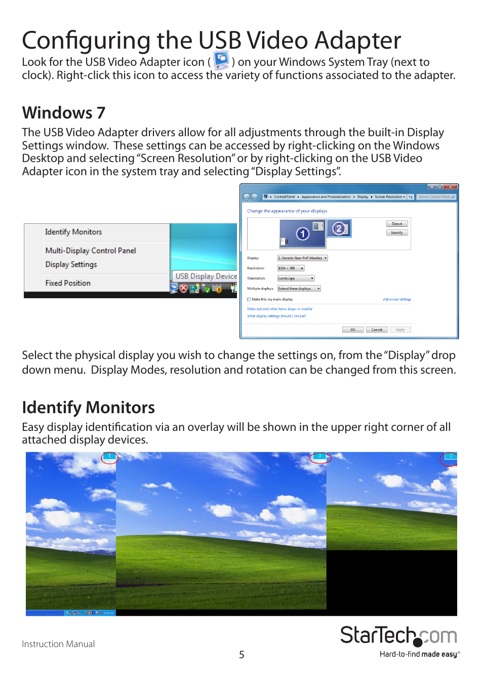Configuring the usb video adapter, Windows 7, Identify monitors | StarTech.com USB32VGAE User Manual | Page 8 / 12