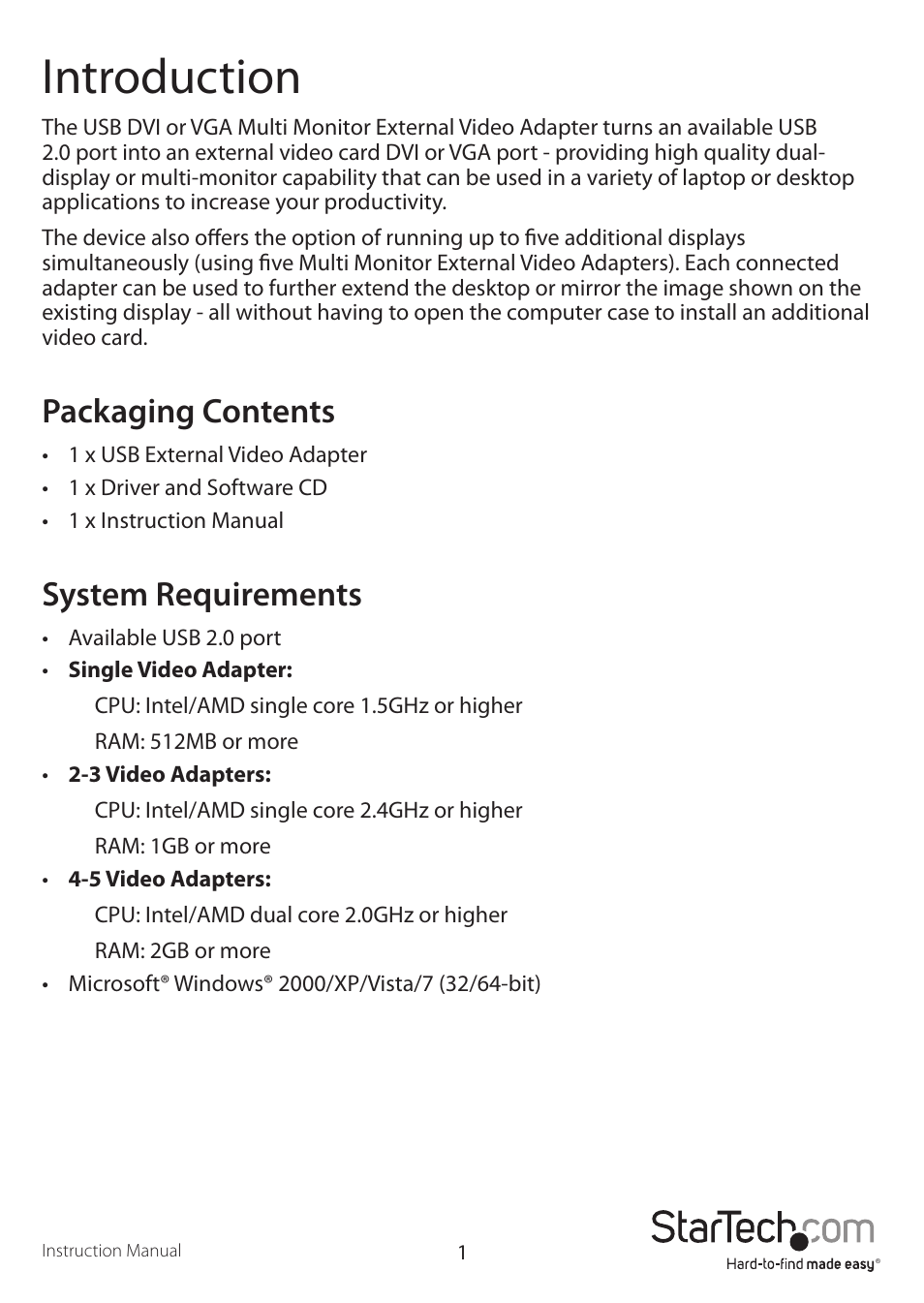 Introduction, Packaging contents, System requirements | StarTech.com USB2VGAE2 User Manual | Page 4 / 12