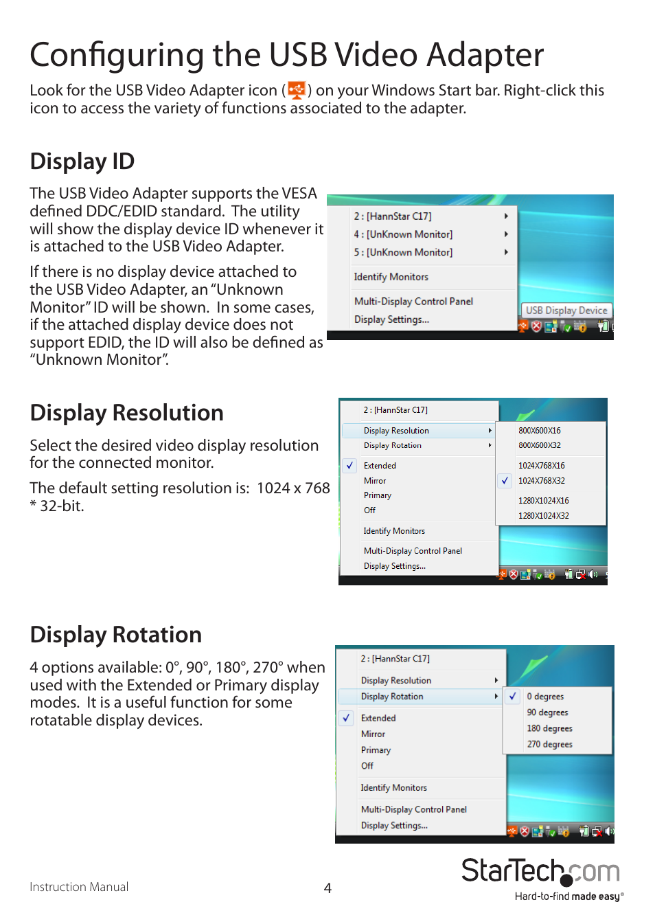 Configuring the usb video adapter, Display id, Display resolution | Display rotation | StarTech.com USB2VGAE2 User Manual | Page 7 / 12
