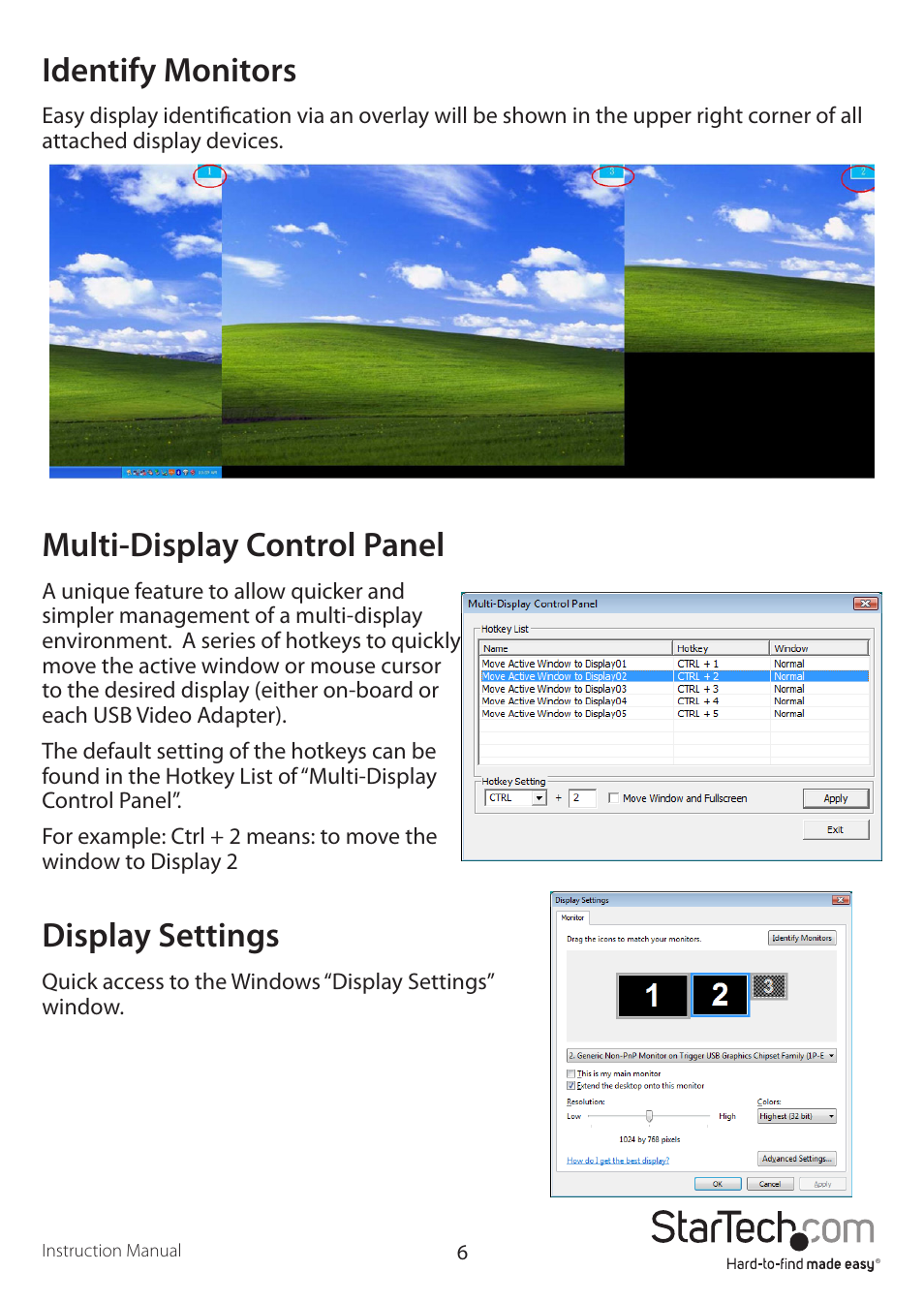 Identify monitors, Multi-display control panel, Display settings | StarTech.com USB2VGAE2 User Manual | Page 9 / 12