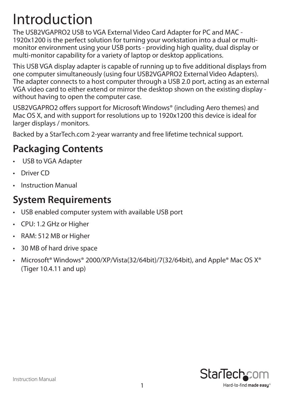 Introduction, Packaging contents, System requirements | StarTech.com USB2VGAPRO2 User Manual | Page 4 / 8