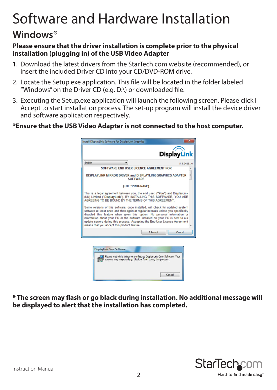 Software and hardware installation, Windows | StarTech.com USB2VGAPRO2 User Manual | Page 5 / 8