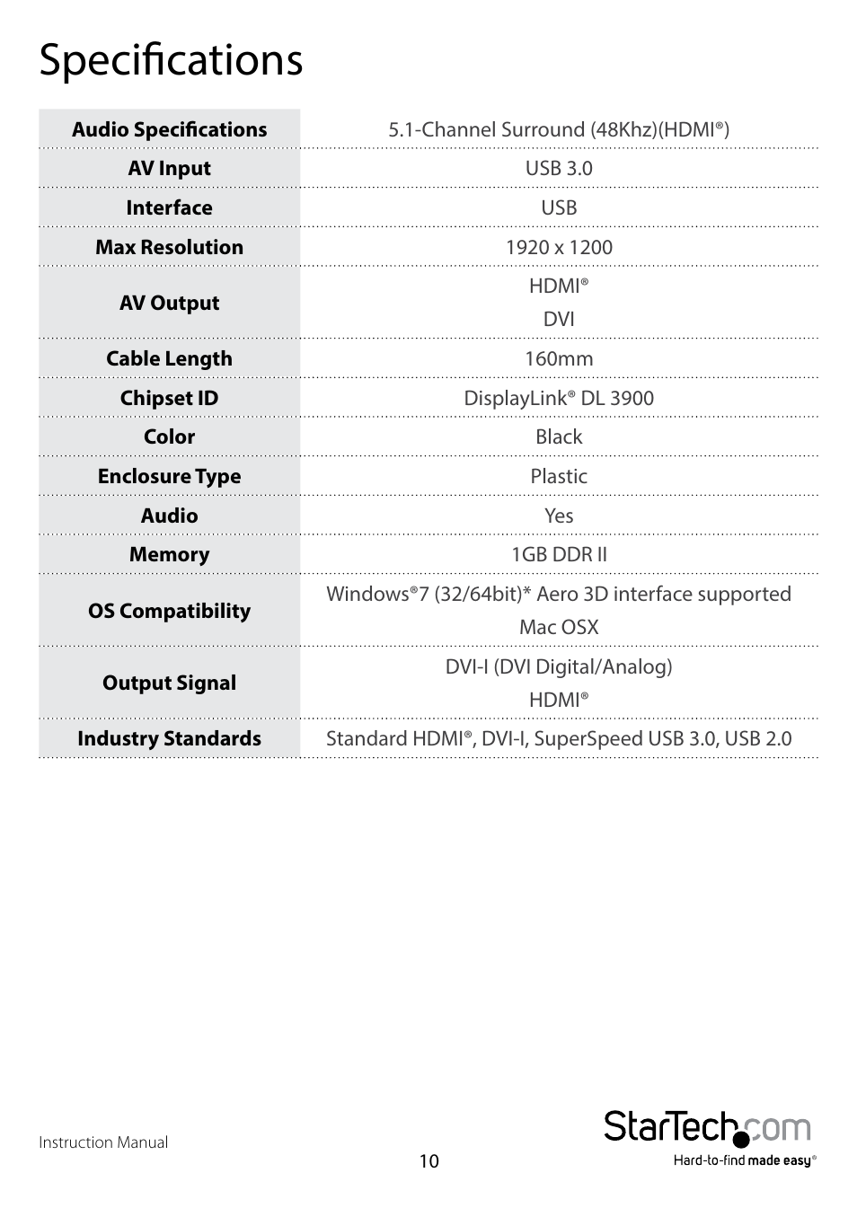 Specifications | StarTech.com USB32HDDVII User Manual | Page 13 / 16