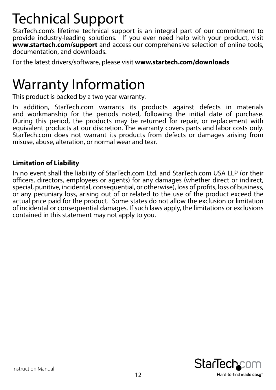 Technical support, Warranty information | StarTech.com USB32HDDVII User Manual | Page 15 / 16