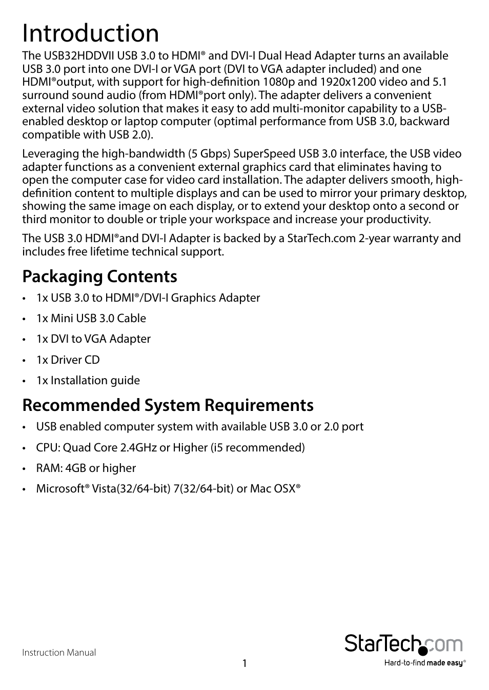 Introduction, Packaging contents, Recommended system requirements | Packaging contents recommended system requirements | StarTech.com USB32HDDVII User Manual | Page 4 / 16