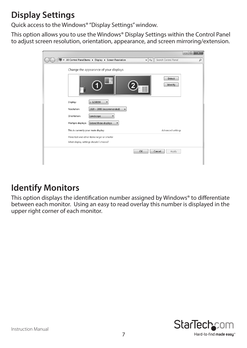 Display settings, Identify monitors | StarTech.com USB32VGAEH3 User Manual | Page 10 / 14