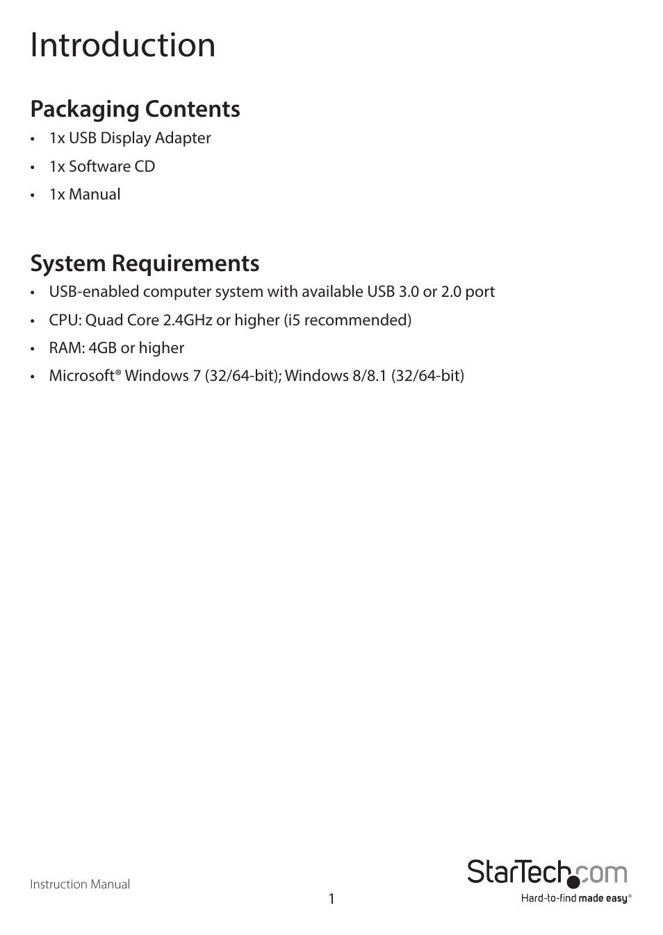 Introduction, Packaging contents, System requirements | StarTech.com USB32VGAEH3 User Manual | Page 4 / 14