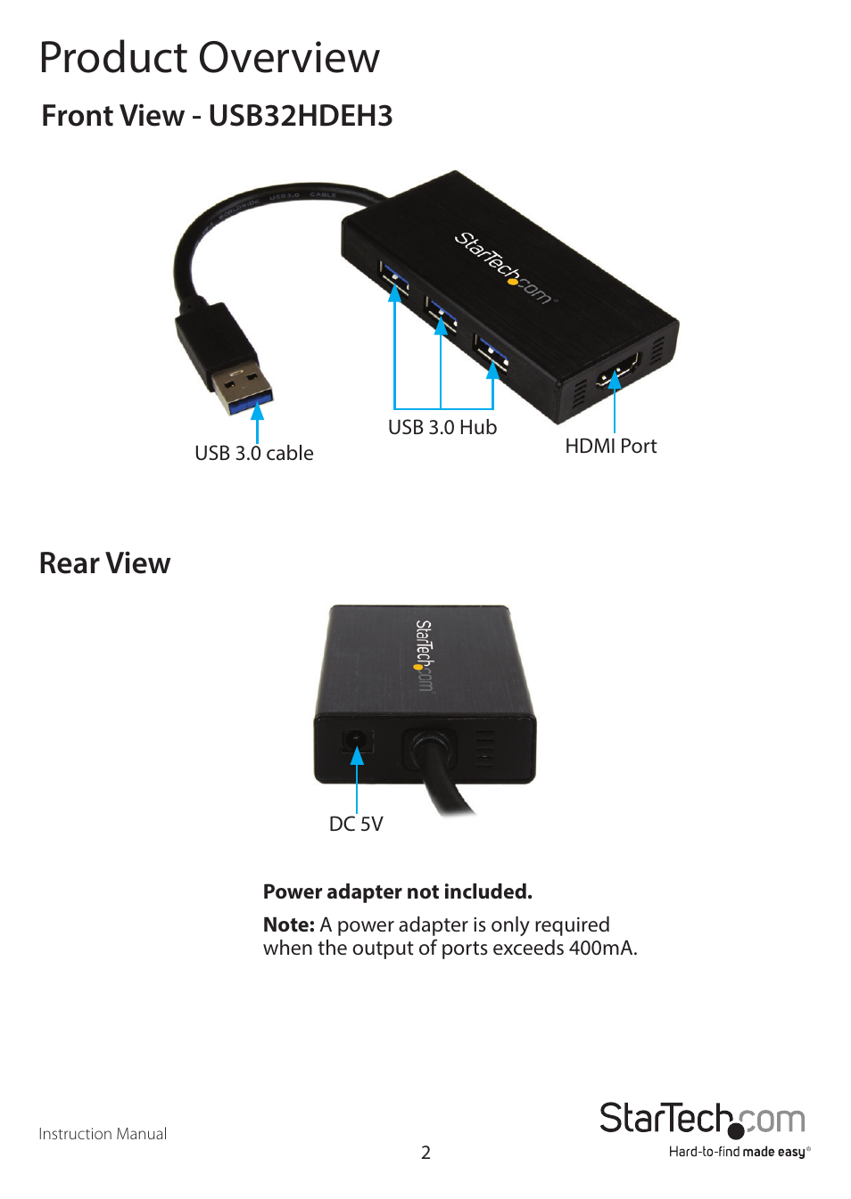 Product overview, Front view - usb32hdeh3 rear view | StarTech.com USB32VGAEH3 User Manual | Page 5 / 14