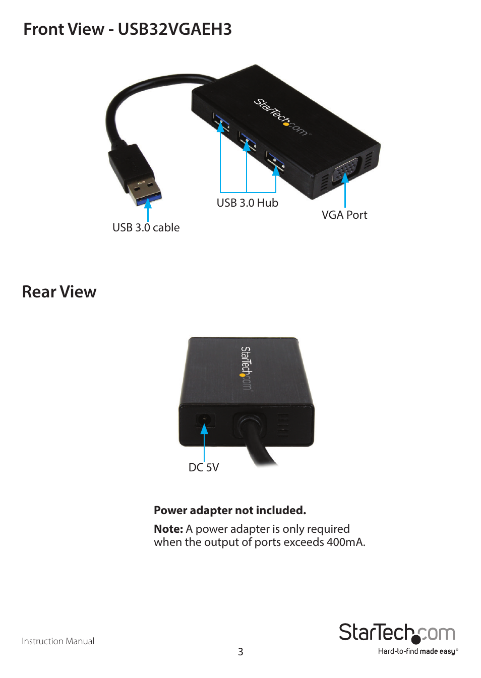 Front view - usb32vgaeh3 rear view | StarTech.com USB32VGAEH3 User Manual | Page 6 / 14