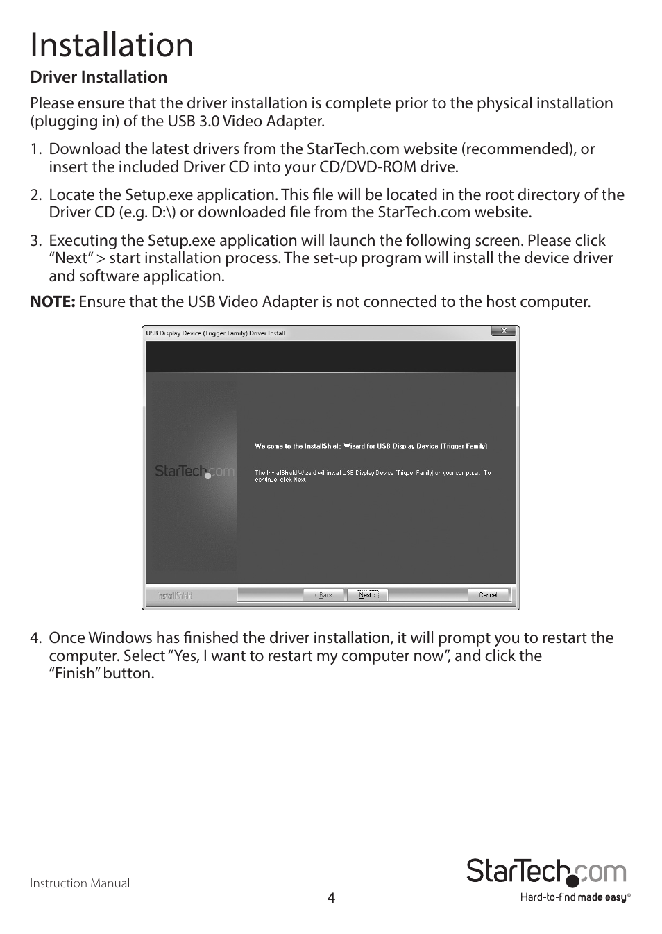 Installation | StarTech.com USB32VGAEH3 User Manual | Page 7 / 14