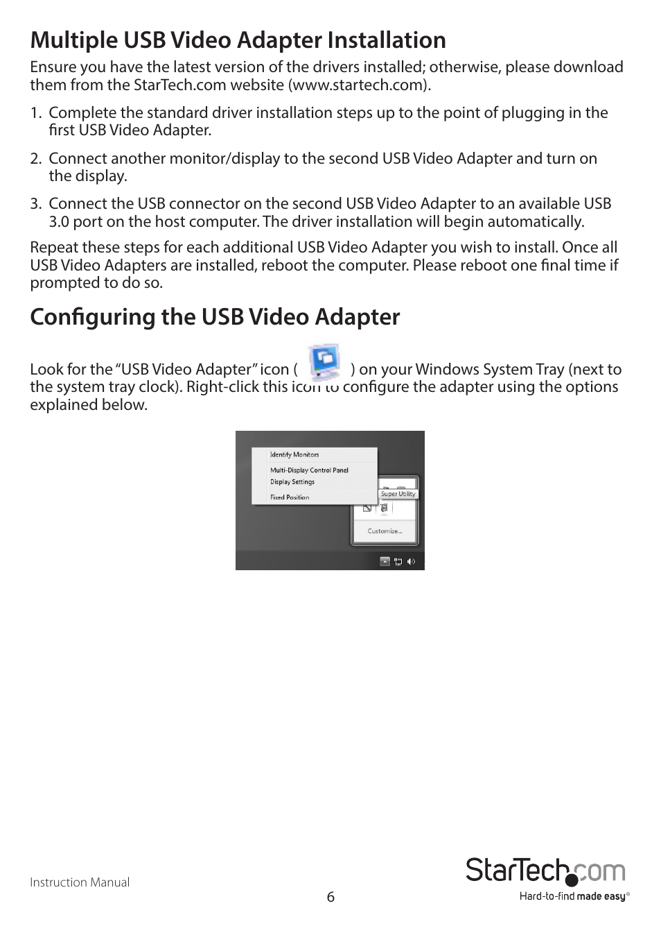Multiple usb video adapter installation, Configuring the usb video adapter | StarTech.com USB32VGAEH3 User Manual | Page 9 / 14